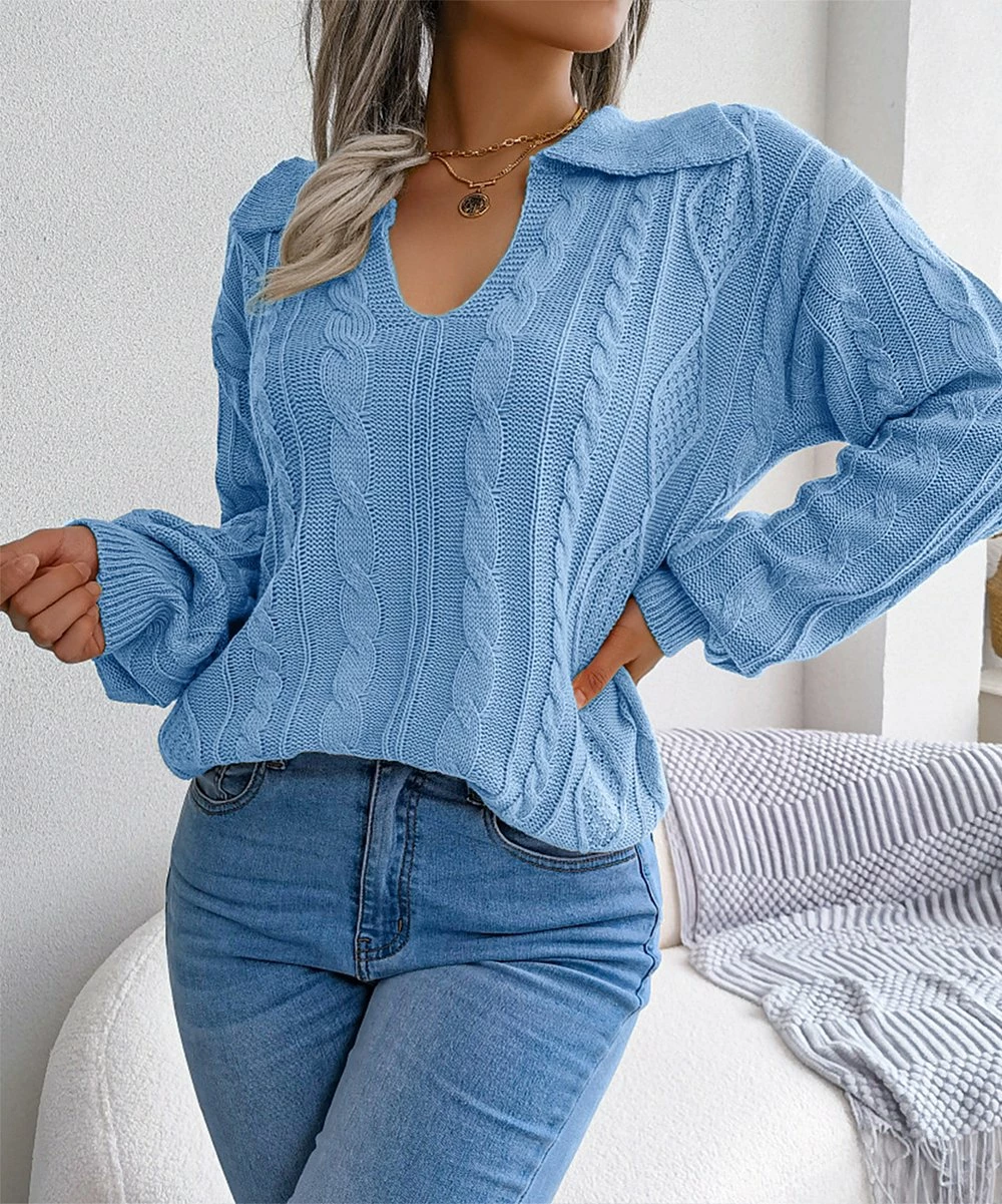 Best Pirce โ Romantichut Blue Cable-Knit Collar V-Neck Sweater - ๐ฉ Women ๐ 4 Best Pirce โ Romantichut Blue Cable-Knit Collar V-Neck Sweater - ๐ฉ Women ๐ - Image 2