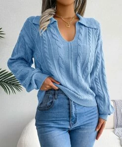 Best Pirce ⌛ Romantichut Blue Cable-Knit Collar V-Neck Sweater - 👩 Women 🎁