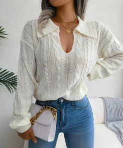 Flash Sale 🎉 Romantichut White Cable-Knit Collar V-Neck Sweater - 👩 Women 😍 -Romantichut Sales zu108578036 alt 2 tm1662125251