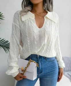 Flash Sale 🎉 Romantichut White Cable-Knit Collar V-Neck Sweater - 👩 Women 😍 -Romantichut Sales zu108578036 alt 3 tm1662125251
