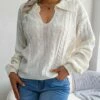Flash Sale 🎉 Romantichut White Cable-Knit Collar V-Neck Sweater - 👩 Women 😍 -Romantichut Sales zu108578036 main tm1662125251