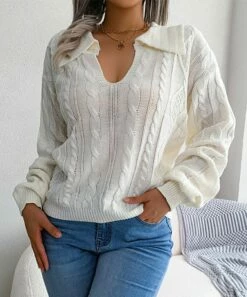 Flash Sale 🎉 Romantichut White Cable-Knit Collar V-Neck Sweater - 👩 Women 😍