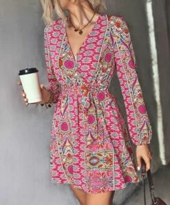 Best Pirce 🔔 Romantichut Pink Geometric Tie-Waist Surplice 👗 Dress - 👩 Women 👍