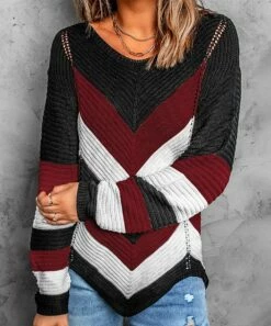 Budget 🛒 Romantichut Wine Red & Black Chevron Round-Neck Sweater - 👩 Women 😍 -Romantichut Sales zu108638077 alt 1 tm1662467118
