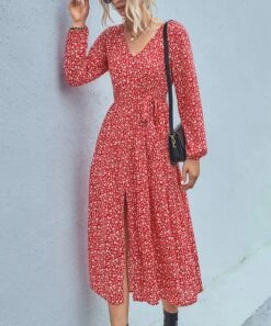 Budget 🎉 Romantichut Red & White Floral Tie-Waist Midi 👗 Dress - 👩 Women 🥰 -Romantichut Sales zu108638226 alt 3 tm1662738486