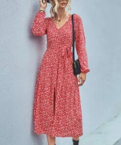 Budget 🎉 Romantichut Red & White Floral Tie-Waist Midi 👗 Dress - 👩 Women 🥰