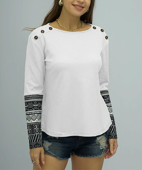 Brand new 😍 Romantichut White & Gray Geometric Stripe Button-Shoulder Long-Sleeve Top - 👩 Women 🌟 6 Brand new 😍 Romantichut White & Gray Geometric Stripe Button-Shoulder Long-Sleeve Top - 👩 Women 🌟 - Image 4