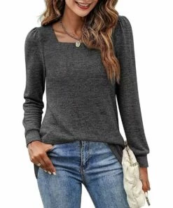 Brand new 👍 Romantichut Dark Gray Puff-Sleeve Square-Neck Top - 👩 Women 🛒 -Romantichut Sales zu109031241 alt 3 tm1663694302