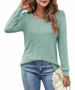 Flash Sale 👏 Romantichut Green Heather Puff-Sleeve Square Neck Top - 👩 Women 😉