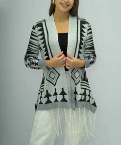 Best Sale 💯 Romantichut Gray & Black Geometric Fringe-Hem Open Cardigan - 👩 Women 🛒