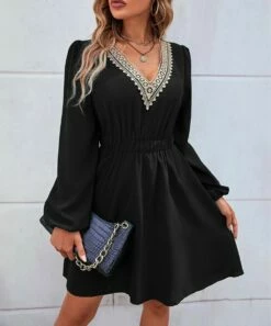 Best reviews of 🤩 Romantichut Black Crochet-Accent V-Neck Long-Sleeve 👗 Dress - 👩 Women 🛒 -Romantichut Sales zu109602153 alt 2 tm1668253430