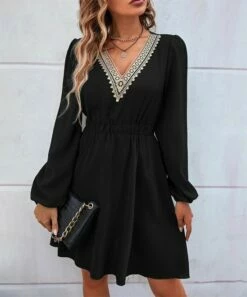 Best reviews of 🤩 Romantichut Black Crochet-Accent V-Neck Long-Sleeve 👗 Dress - 👩 Women 🛒