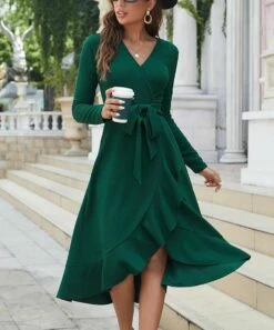 Budget 👍 Romantichut Dark Green Long-Sleeve Ruffle-Hem Wrap 👗 Dress - 👩 Women 😉 9 Budget 👍 Romantichut Dark Green Long-Sleeve Ruffle-Hem Wrap 👗 Dress - 👩 Women 😉 -Romantichut Sales zu109612630 alt 3 tm1667504602