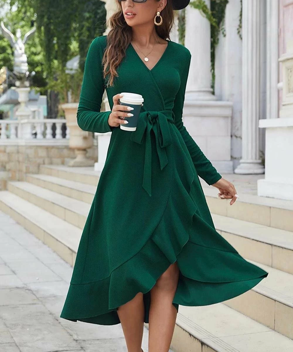 Budget 👍 Romantichut Dark Green Long-Sleeve Ruffle-Hem Wrap 👗 Dress - 👩 Women 😉 6 Budget 👍 Romantichut Dark Green Long-Sleeve Ruffle-Hem Wrap 👗 Dress - 👩 Women 😉 - Image 4
