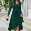 Budget 👍 Romantichut Dark Green Long-Sleeve Ruffle-Hem Wrap 👗 Dress - 👩 Women 😉 -Romantichut Sales zu109612630 main tm1667504602