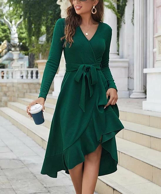 Budget 👍 Romantichut Dark Green Long-Sleeve Ruffle-Hem Wrap 👗 Dress - 👩 Women 😉 3 Budget 👍 Romantichut Dark Green Long-Sleeve Ruffle-Hem Wrap 👗 Dress - 👩 Women 😉