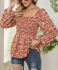 Best Pirce 🧨 Romantichut Red Ditsy Puff-Sleeve Peplum Top - 👩 Women 🥰 -Romantichut Sales zu109613007 alt 2 tm1665579146