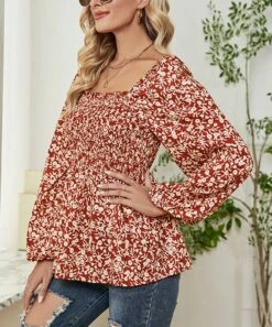 Best Pirce 🧨 Romantichut Red Ditsy Puff-Sleeve Peplum Top - 👩 Women 🥰