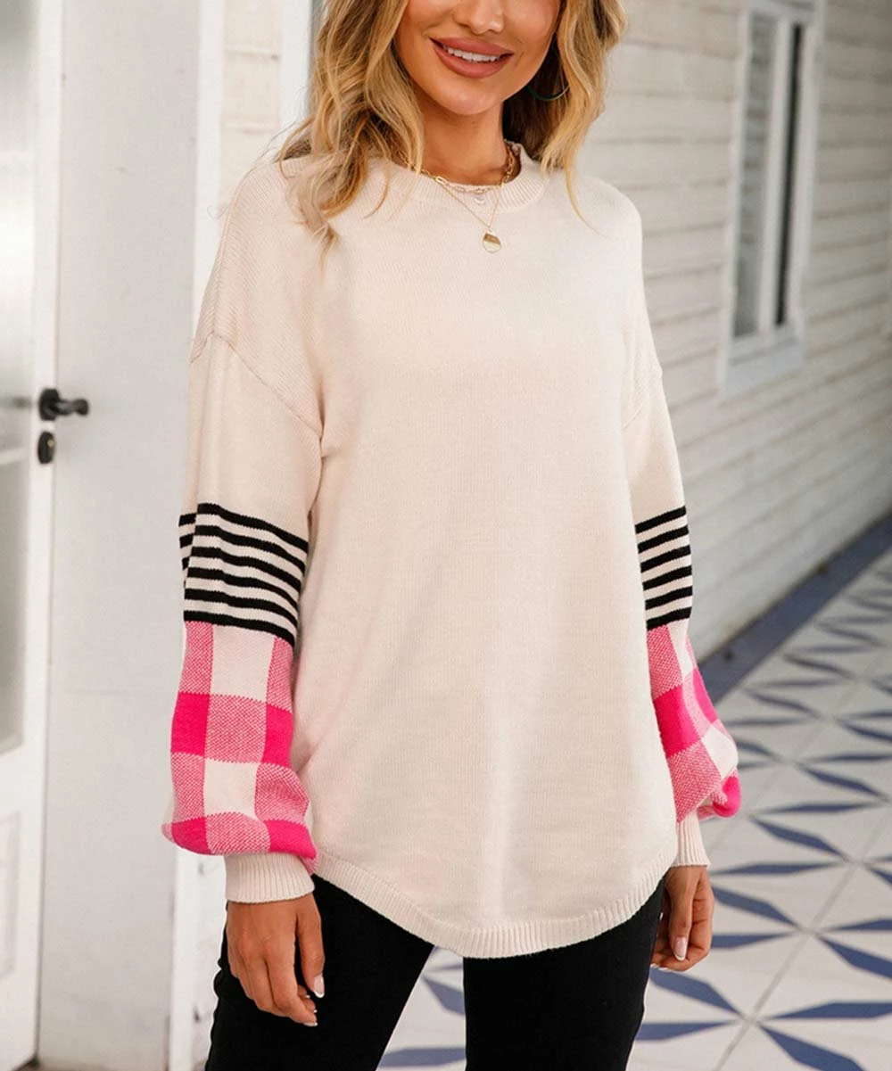 Discount ⭐ Romantichut Apricot & Pink Color Block Curved-Hem Long-Sleeve Top - 👩 Women ⌛ 4 Discount ⭐ Romantichut Apricot & Pink Color Block Curved-Hem Long-Sleeve Top - 👩 Women ⌛ - Image 2