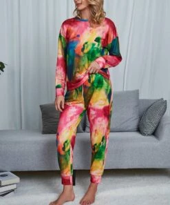 Flash Sale ✨ Romantichut Pink & Green Tie-Dye Long-Sleeve Top & Drawstring Joggers - 👩 Women 🎁 -Romantichut Sales zu109785585 alt 3 tm1667420485