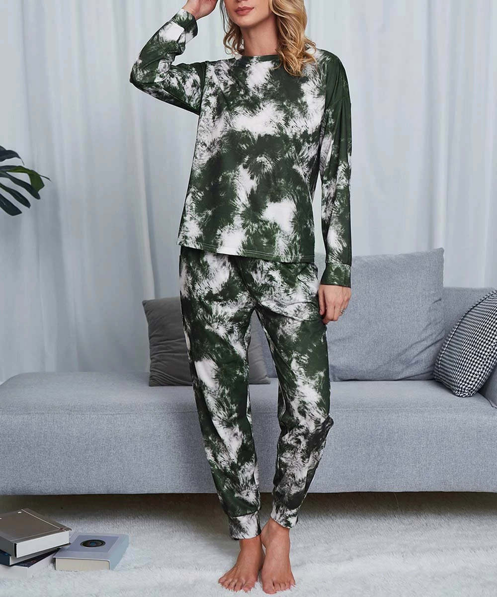 Hot Sale 👍 Romantichut White & Olive Green Tie-Dye Long-Sleeve Top & Drawstring Joggers - 👩 Women 😍 4 Hot Sale 👍 Romantichut White & Olive Green Tie-Dye Long-Sleeve Top & Drawstring Joggers - 👩 Women 😍 - Image 2