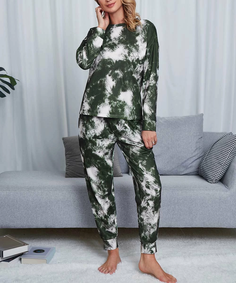 Hot Sale 👍 Romantichut White & Olive Green Tie-Dye Long-Sleeve Top & Drawstring Joggers - 👩 Women 😍 3 Hot Sale 👍 Romantichut White & Olive Green Tie-Dye Long-Sleeve Top & Drawstring Joggers - 👩 Women 😍