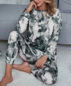 Brand new 🔔 Romantichut Gray & White Tie-Dye Long-Sleeve Top & Drawstring Joggers - 👩 Women ⌛