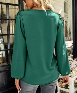 Promo 🎁 Romantichut Dark Green V-Neck Ruffle-Accent Button-Up Top - 👩 Women ✨ -Romantichut Sales zu110161342 alt 4 tm1667504602