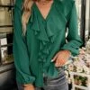 Promo 🎁 Romantichut Dark Green V-Neck Ruffle-Accent Button-Up Top - 👩 Women ✨ -Romantichut Sales zu110161342 main tm1667504602