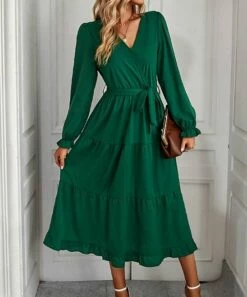 Discount ⌛ Romantichut Dark Green Tiered Midi Wrap 👗 Dress - 👩 Women 🤩