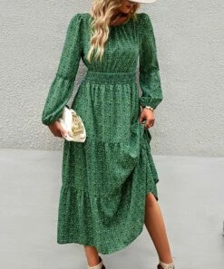 Deals 🤩 Romantichut Green & White Floral Tiered Maxi 👗 Dress - 👩 Women 🌟 -Romantichut Sales zu110162400 alt 3 tm1667503922