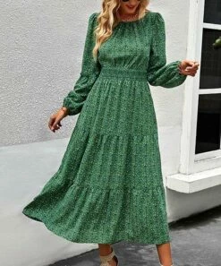 Deals 🤩 Romantichut Green & White Floral Tiered Maxi 👗 Dress - 👩 Women 🌟