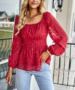 Cheap 🥰 Romantichut Red Abstract Bishop-Sleeve Empire-Waist Top - 👩 Women 🤩 -Romantichut Sales zu110165362 alt 2 tm1667564636
