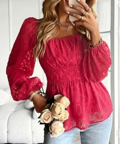 Cheap 🥰 Romantichut Red Abstract Bishop-Sleeve Empire-Waist Top - 👩 Women 🤩 -Romantichut Sales zu110165362 alt 3 tm1667564636