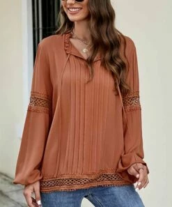 Flash Sale ✨ Romantichut Brick Red Crochet-Accent Notch Neck Puff-Sleeve Top - 👩 Women 🛒 -Romantichut Sales zu110264929 alt 2 tm1667418253