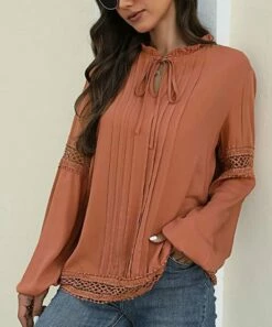 Flash Sale ✨ Romantichut Brick Red Crochet-Accent Notch Neck Puff-Sleeve Top - 👩 Women 🛒 -Romantichut Sales zu110264929 alt 3 tm1667418253