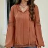 Flash Sale ✨ Romantichut Brick Red Crochet-Accent Notch Neck Puff-Sleeve Top - 👩 Women 🛒 -Romantichut Sales zu110264929 main tm1667418253