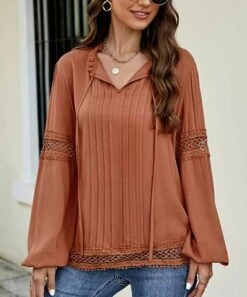 Flash Sale ✨ Romantichut Brick Red Crochet-Accent Notch Neck Puff-Sleeve Top - 👩 Women 🛒