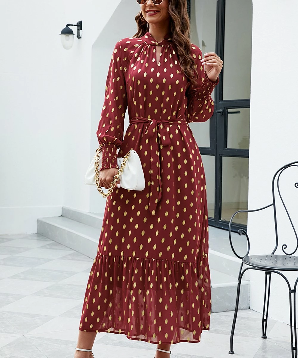 Cheap ⌛ Romantichut Wine Red & White Polka Dot Keyhole-Accent Maxi 👗 Dress - 👩 Women 💯 4 Cheap ⌛ Romantichut Wine Red & White Polka Dot Keyhole-Accent Maxi 👗 Dress - 👩 Women 💯 - Image 2