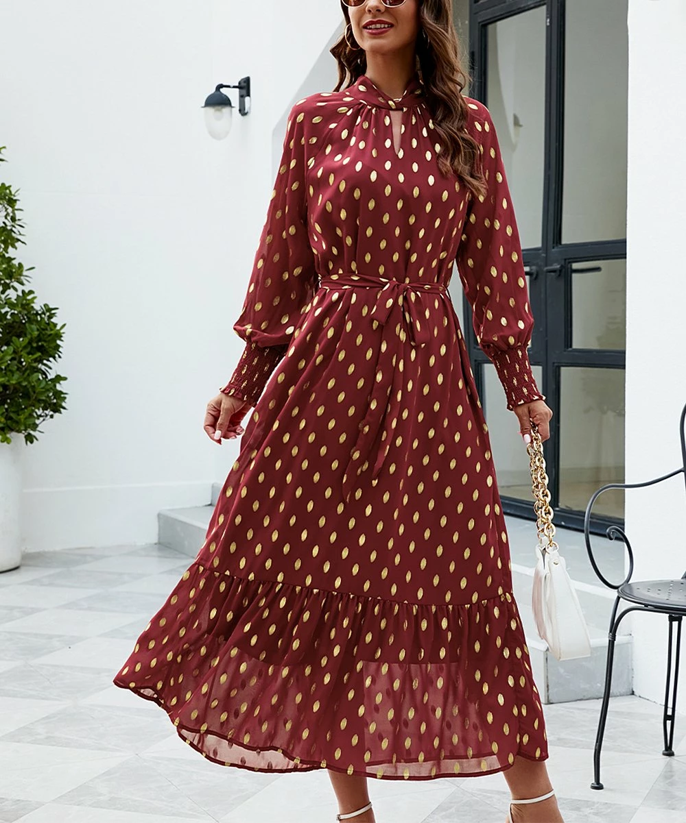 Cheap ⌛ Romantichut Wine Red & White Polka Dot Keyhole-Accent Maxi 👗 Dress - 👩 Women 💯 6 Cheap ⌛ Romantichut Wine Red & White Polka Dot Keyhole-Accent Maxi 👗 Dress - 👩 Women 💯 - Image 4