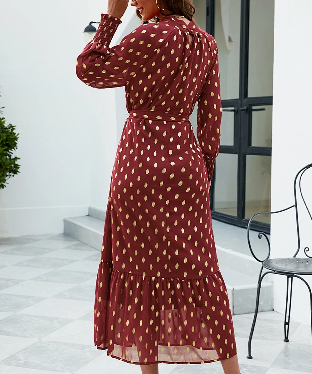 Cheap ⌛ Romantichut Wine Red & White Polka Dot Keyhole-Accent Maxi 👗 Dress - 👩 Women 💯 7 Cheap ⌛ Romantichut Wine Red & White Polka Dot Keyhole-Accent Maxi 👗 Dress - 👩 Women 💯 - Image 5