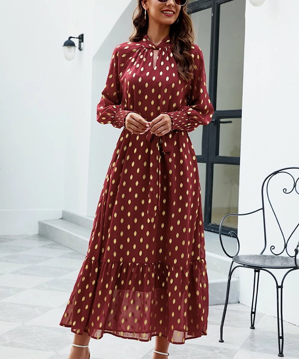 Cheap ⌛ Romantichut Wine Red & White Polka Dot Keyhole-Accent Maxi 👗 Dress - 👩 Women 💯 3 Cheap ⌛ Romantichut Wine Red & White Polka Dot Keyhole-Accent Maxi 👗 Dress - 👩 Women 💯