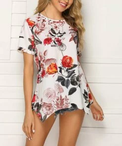 Deals 😍 Romantichut White & Red Floral Round-Neck Short-Sleeve Sidetail Top - 👩 Women ✨