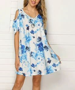 Top 10 🔔 Romantichut White & Blue V-Neck Cutout-Shoulder Shift 👗 Dress - 👩 Women ⌛