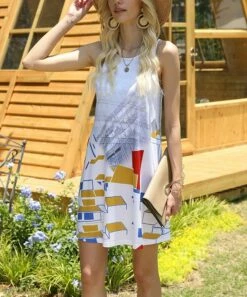 Best Pirce 🥰 Romantichut White Geometric Sleeveless Shift 👗 Dress - 👩 Women 😉