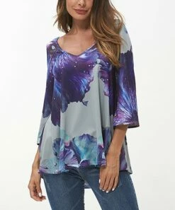 Budget 🌟 Romantichut Purple & Gray Abstract Three-Quarter Sleeve Top - 👩 Women 😉 -Romantichut Sales zu86881257 alt 1 tm1590670351