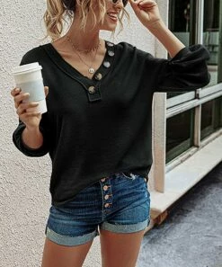 Best Pirce 🔥 Romantichut Black Waffle-Knit V-Neck Button-Front Top - 👩 Women 🧨