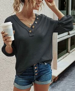 Coupon 🎁 Romantichut Dark Gray Button-Accent Bishop-Sleeve Top - 👩 Women 🌟 -Romantichut Sales zu89106134 alt 2 tm1611079667