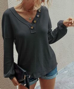 Coupon 🎁 Romantichut Dark Gray Button-Accent Bishop-Sleeve Top - 👩 Women 🌟 -Romantichut Sales zu89106134 alt 3 tm1611079667