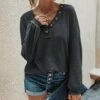 Coupon 🎁 Romantichut Dark Gray Button-Accent Bishop-Sleeve Top - 👩 Women 🌟 -Romantichut Sales zu89106134 main tm1611079667